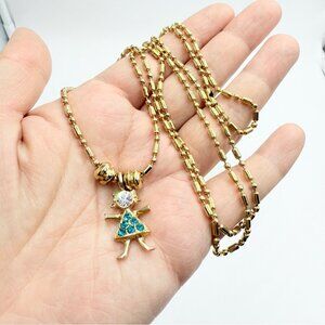 KIS USA Vintage Girl Charm Necklace Gold Tone Birthstone Rhinestone Pendant